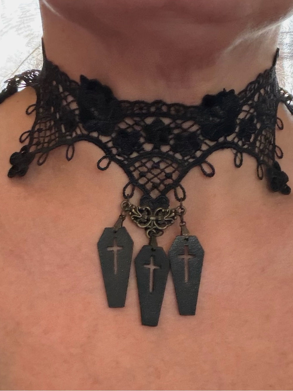 Black Gothic Lace Choker with Coffin Cross Pendants #0125